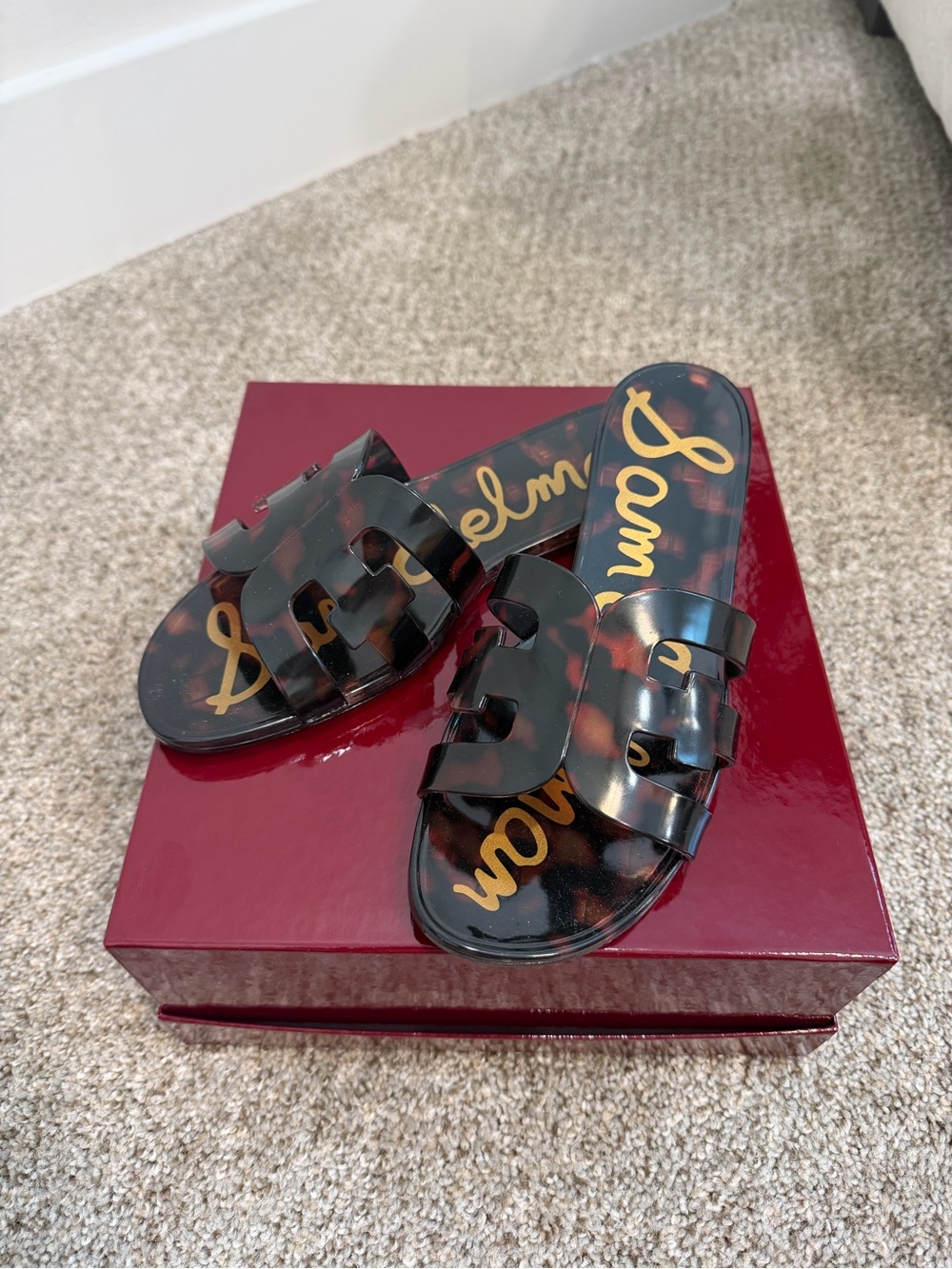 Sam Edelman Tortoise Gloss Slide Sandals - Black and Brown
